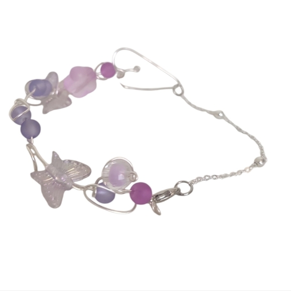 Silver Plated Holographic Butterfly Frosted Glass Wire Ball Chain Bracelet - Picture 2 of 14
